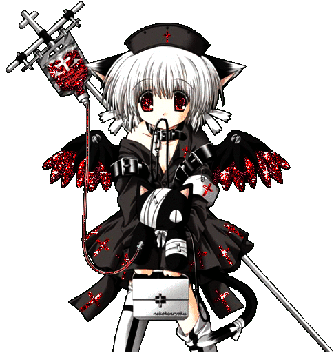 a transparent drawing of an anime catgirl in a black nurse outfit. she has small wings and is holding a first aid kit and an iv. all the red is edited to have a glitter gif texture